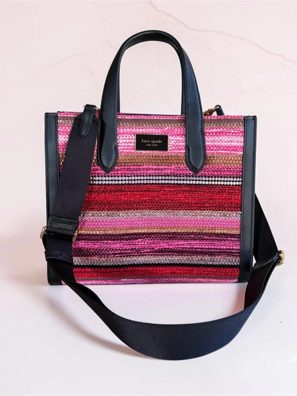 kate spade Pink and Red Striped Straw Satchel with Black Trim